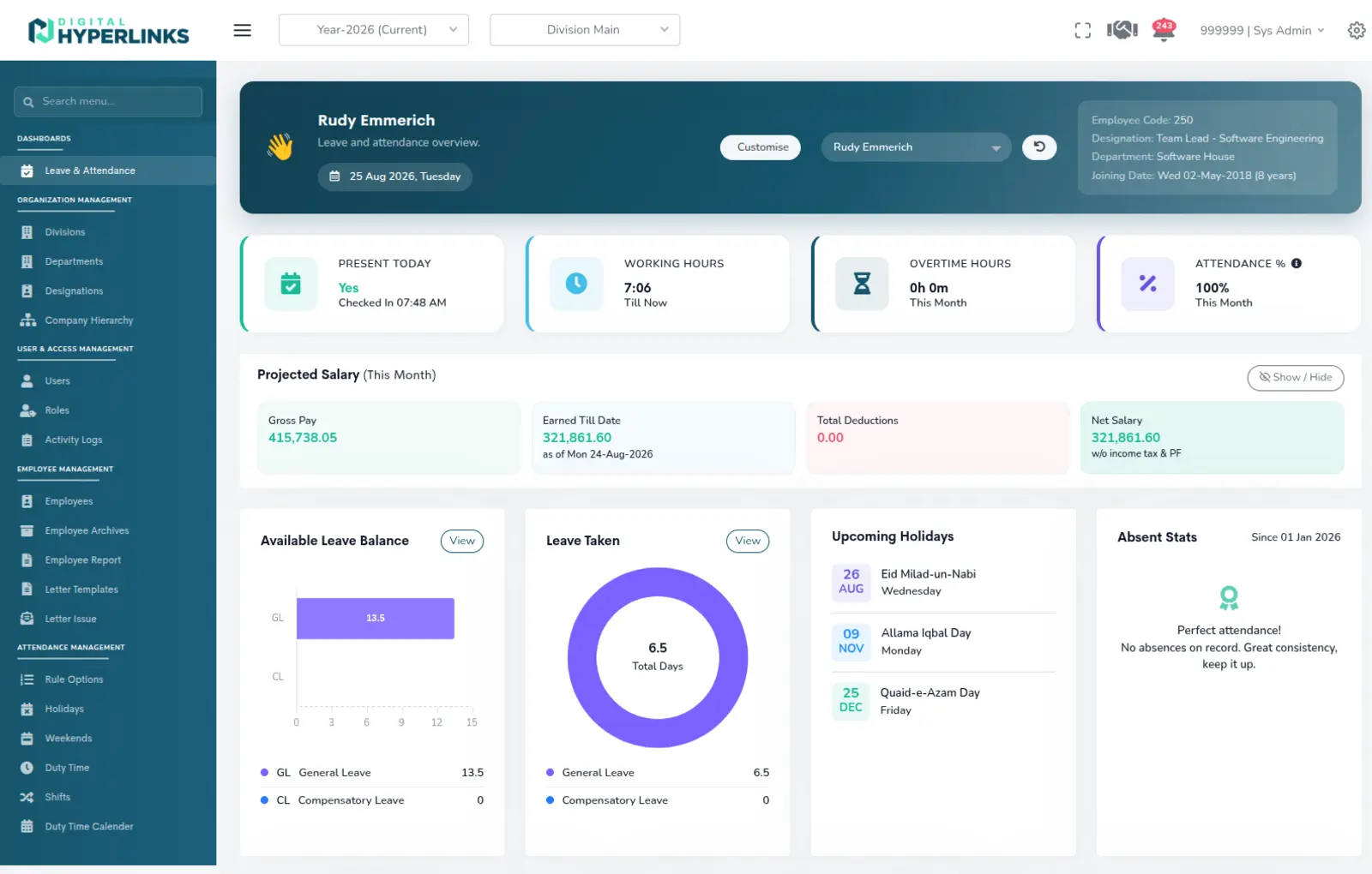 The EZ HR leave and attendance dashboard for one employee: checked in at 07:48, working hours so far, 100% attendance this month, projected salary for the month, leave balance and taken, and upcoming holidays.