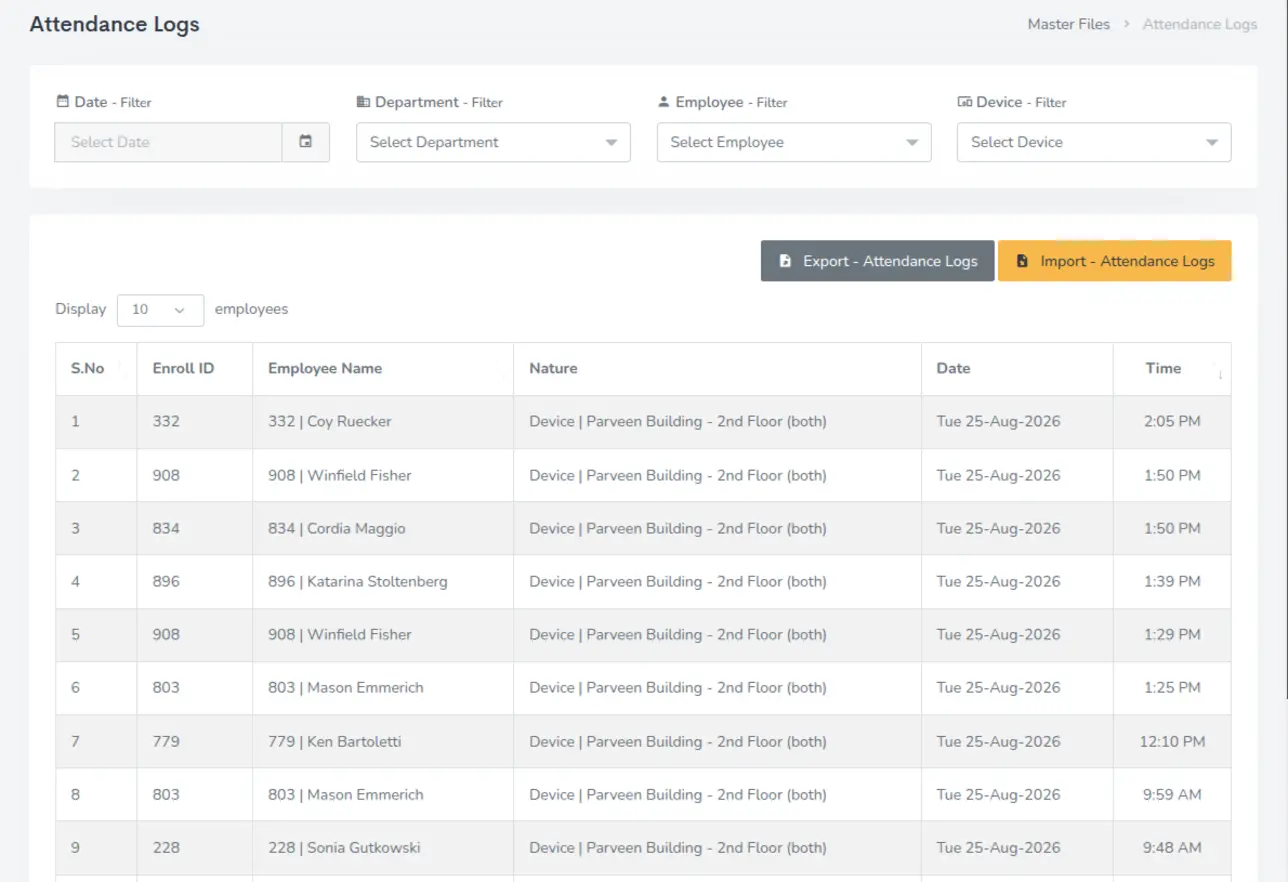 The EZ HR attendance log listing clock-in and clock-out entries by enrolment ID and employee name, with the device that recorded them, the date and the time.