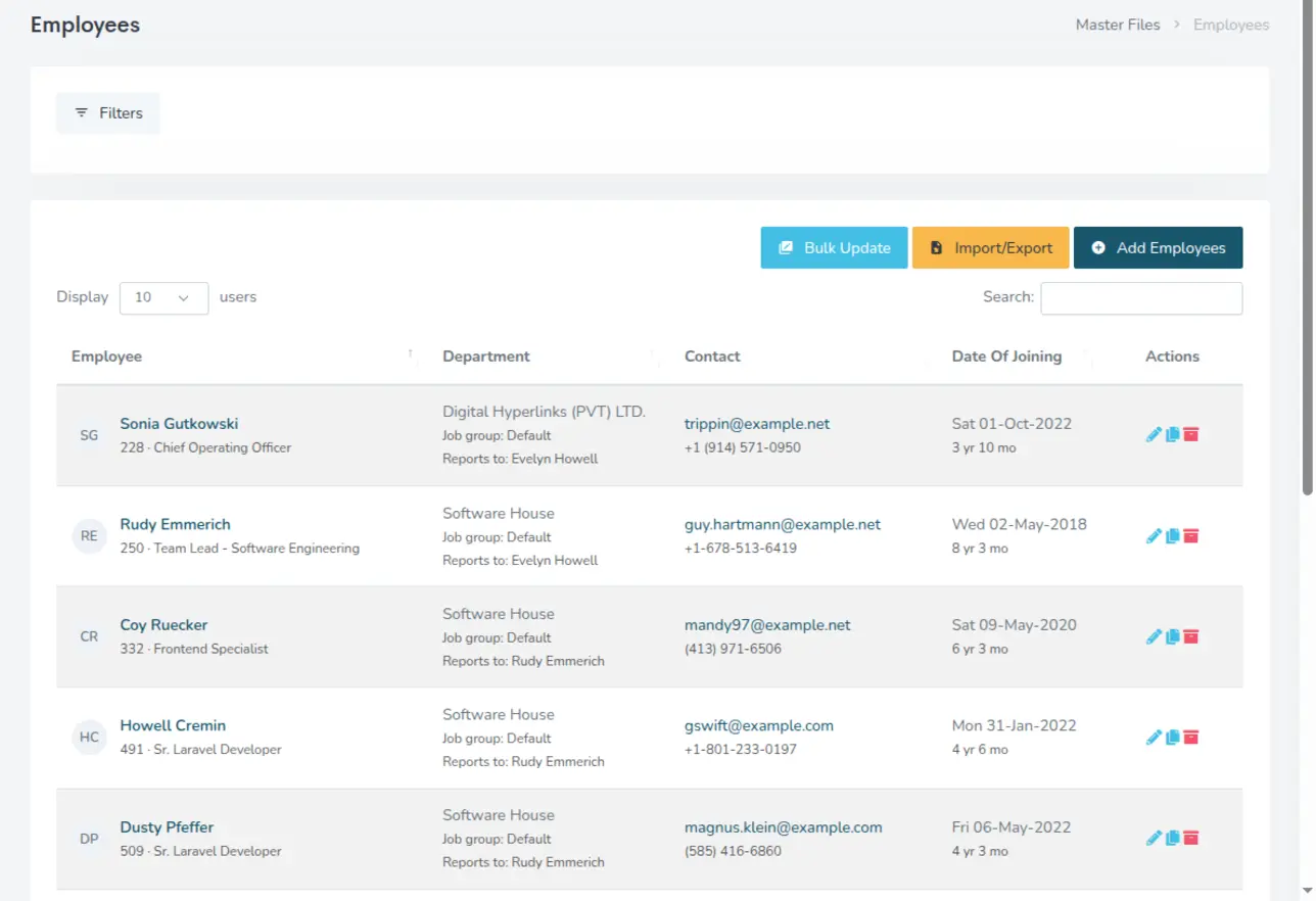 The EZ HR employee register listing staff with their designation, department, job group, reporting manager, contact details and date of joining.