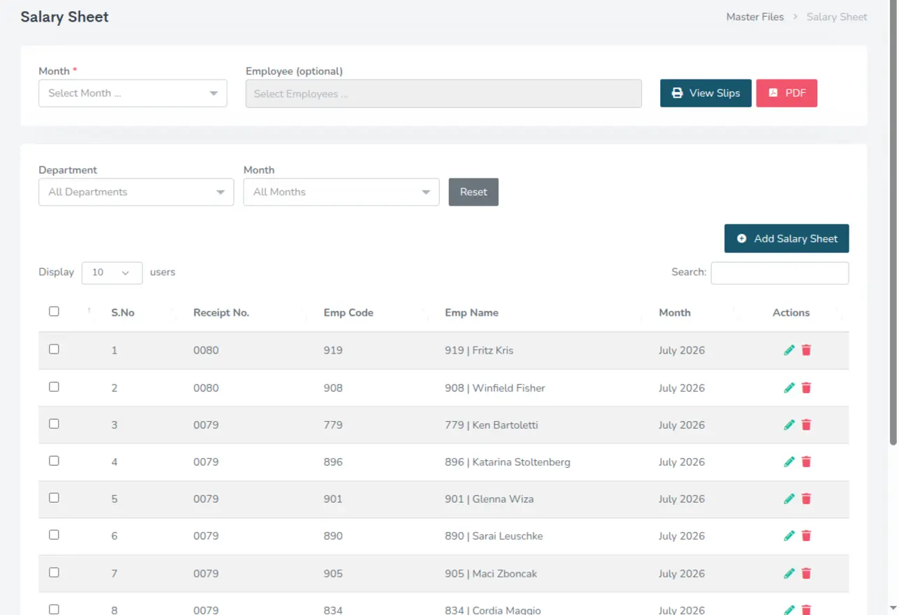 The EZ HR salary sheet for July 2026 listing receipt numbers, employee codes and names, with department and month filters and buttons to view slips or export a PDF.